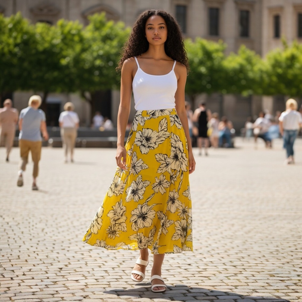 NWT Ann Taylor Factory Floral Midi Skirt 6P Yellow A-Line Flowy Summer Garden - Picture 10 of 10